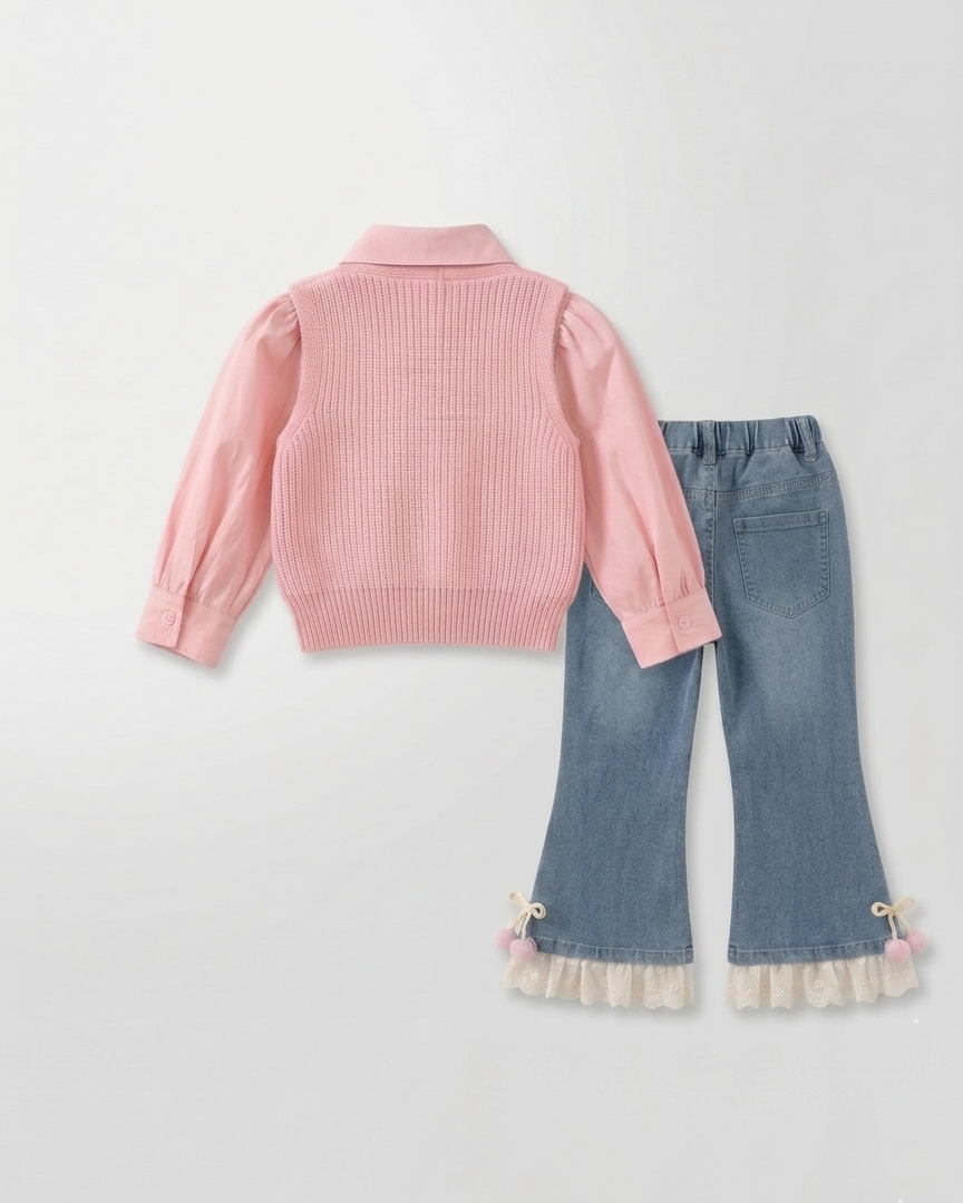 Conjunto niña 3 piezas ropa infantil (blusa, chaleco de punto y pantalón vaquero) para otoño y primavera en España