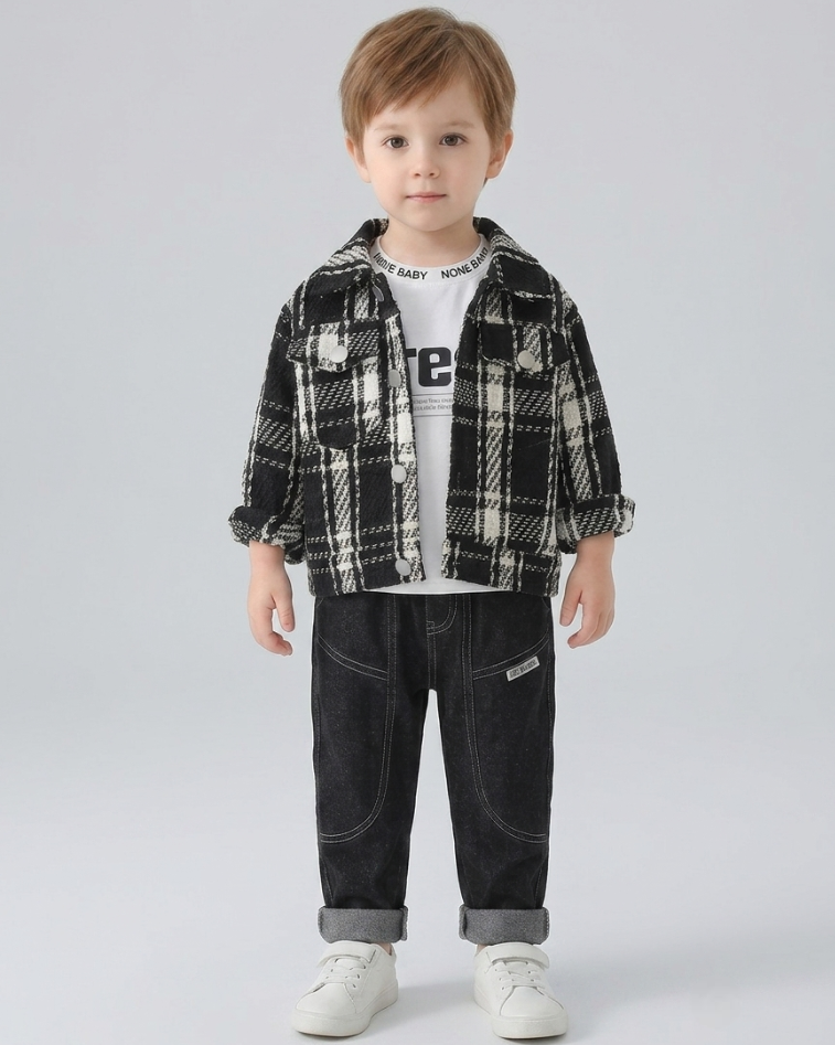 Conjunto bebé niño 3 piezas camisa tartán, camiseta y pantalón vaquero en España