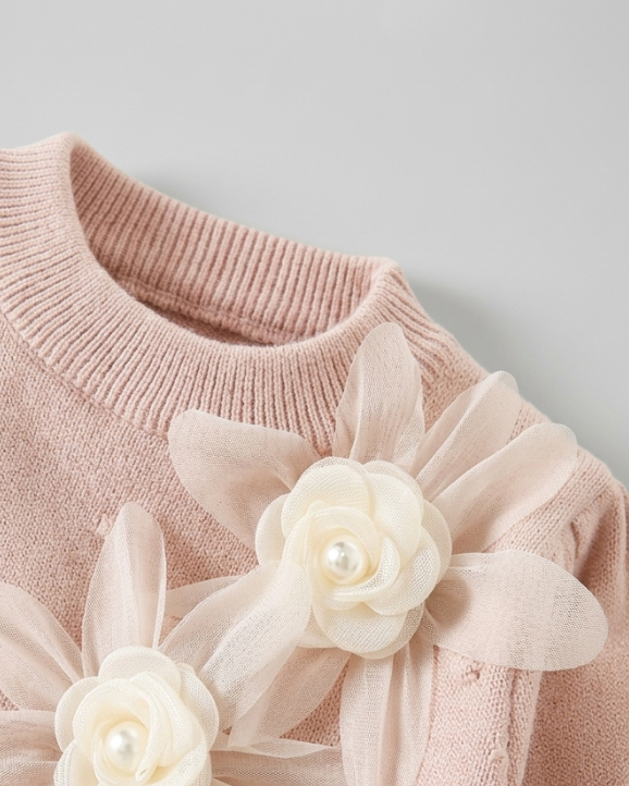 Conjunto niña invierno 2 piezas ropa niña: blusa tejida con flores y pantalón tejido acanalado en España