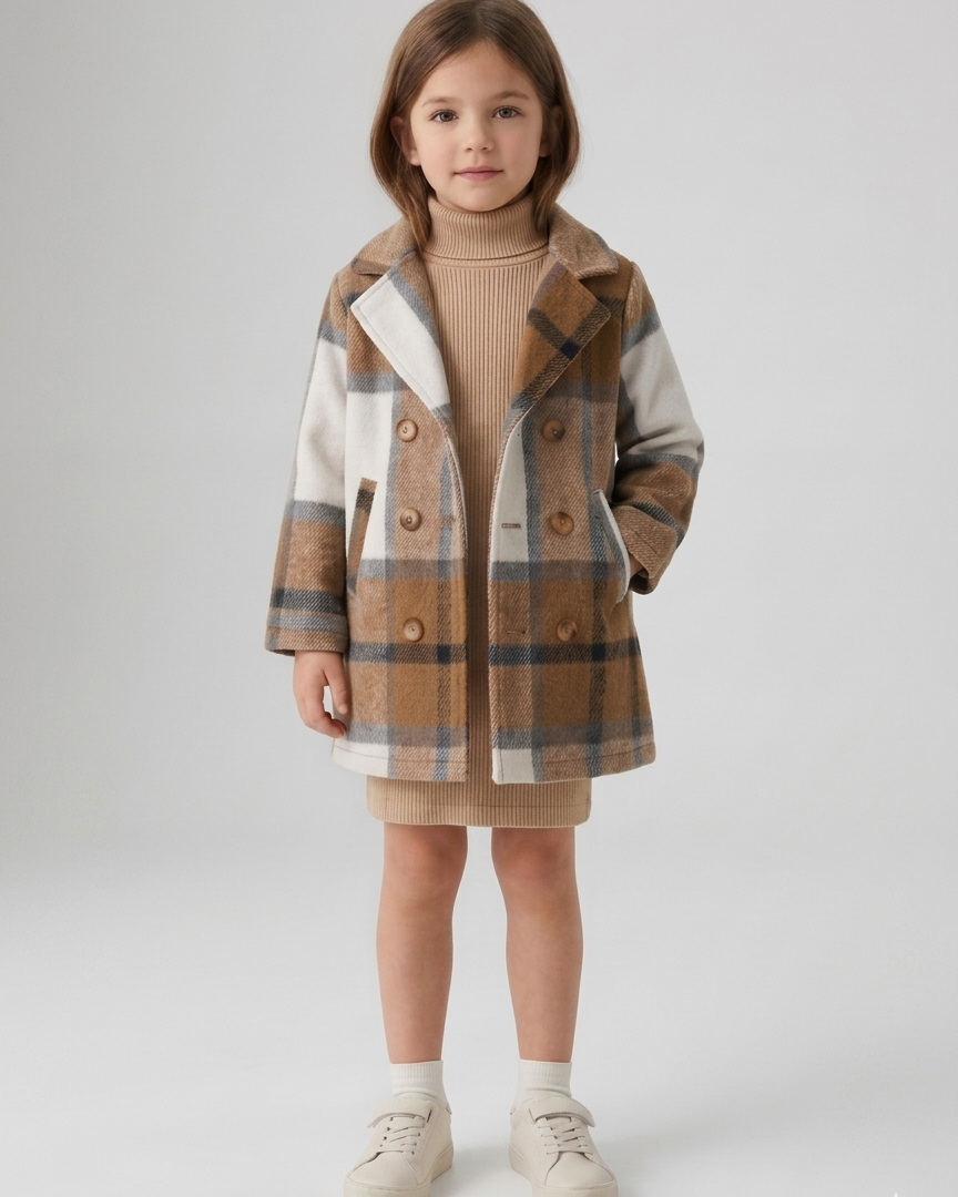 Conjunto niña invierno 2 piezas abrigo de cuadros y vestido lencero elegante en España
