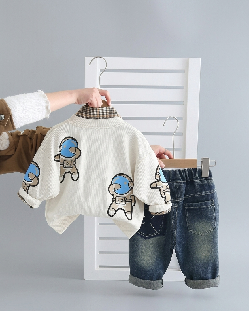Conjunto niño 3 piezas ropa niño astronauta con chaqueta, camisa de cuadros y pantalón vaquero en España