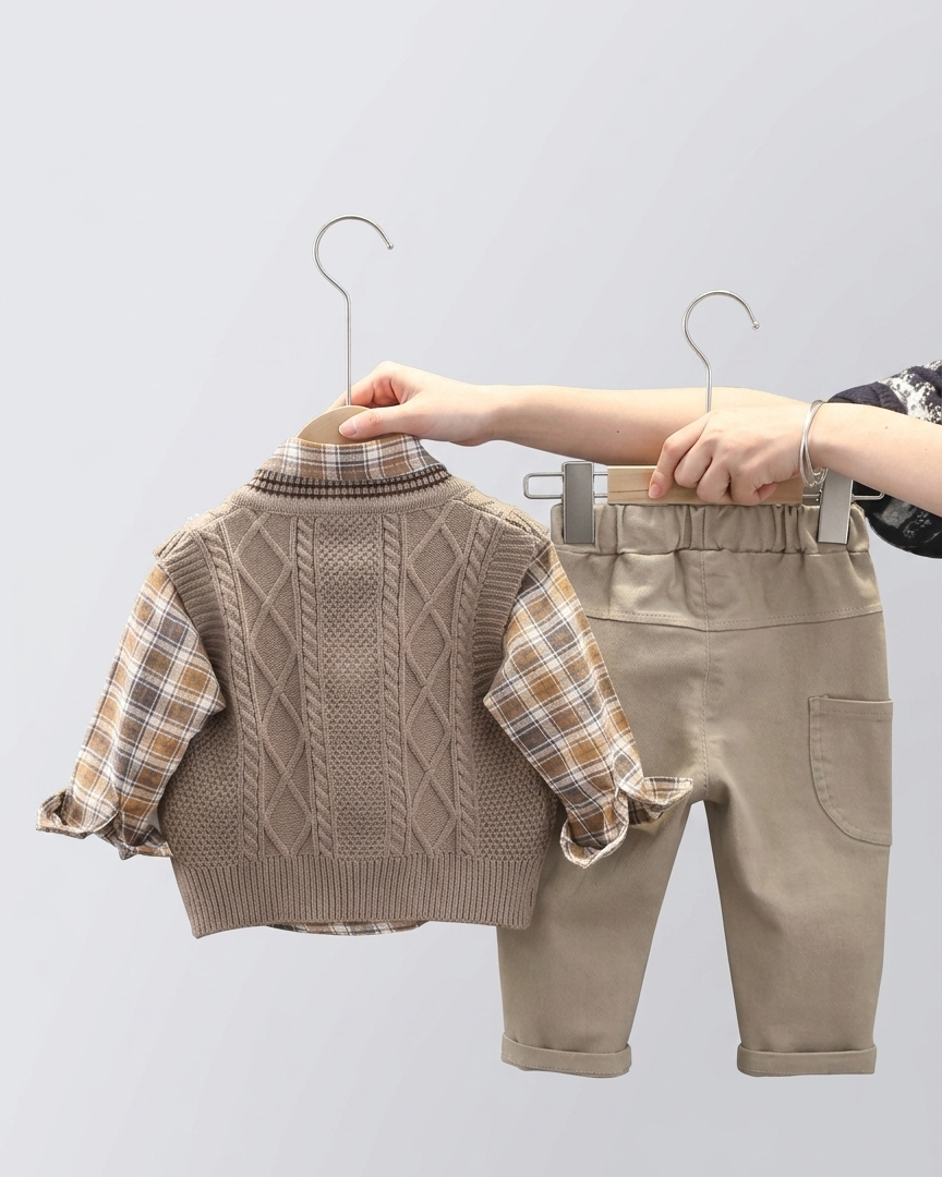 Conjunto bebé niño 3 piezas invierno suéter lana camisa cuadros y pantalón elástico en España