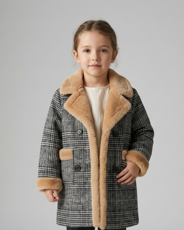 Abrigo niña invierno con estampado de cuadros y forro de peluche sintético suave estilo clásico en España