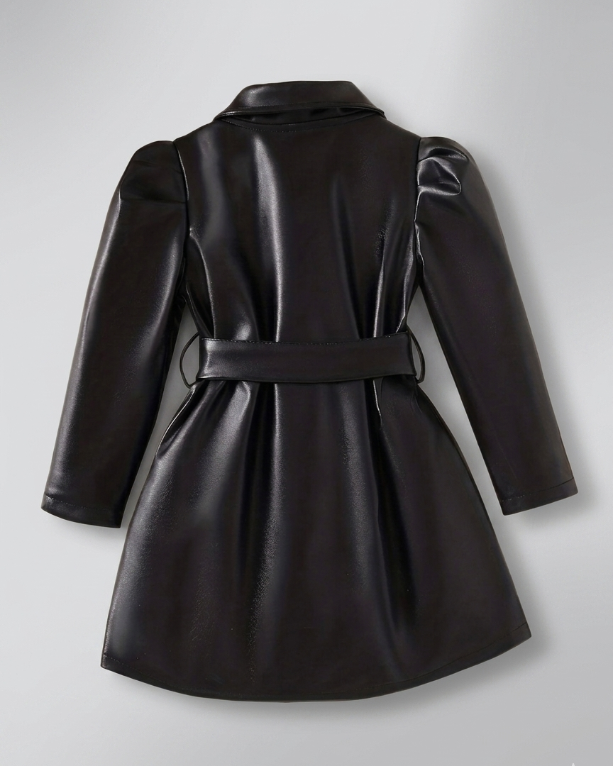 Abrigo niña piel sintética negro estilo gabardina elegante con cinturón ajustable en España