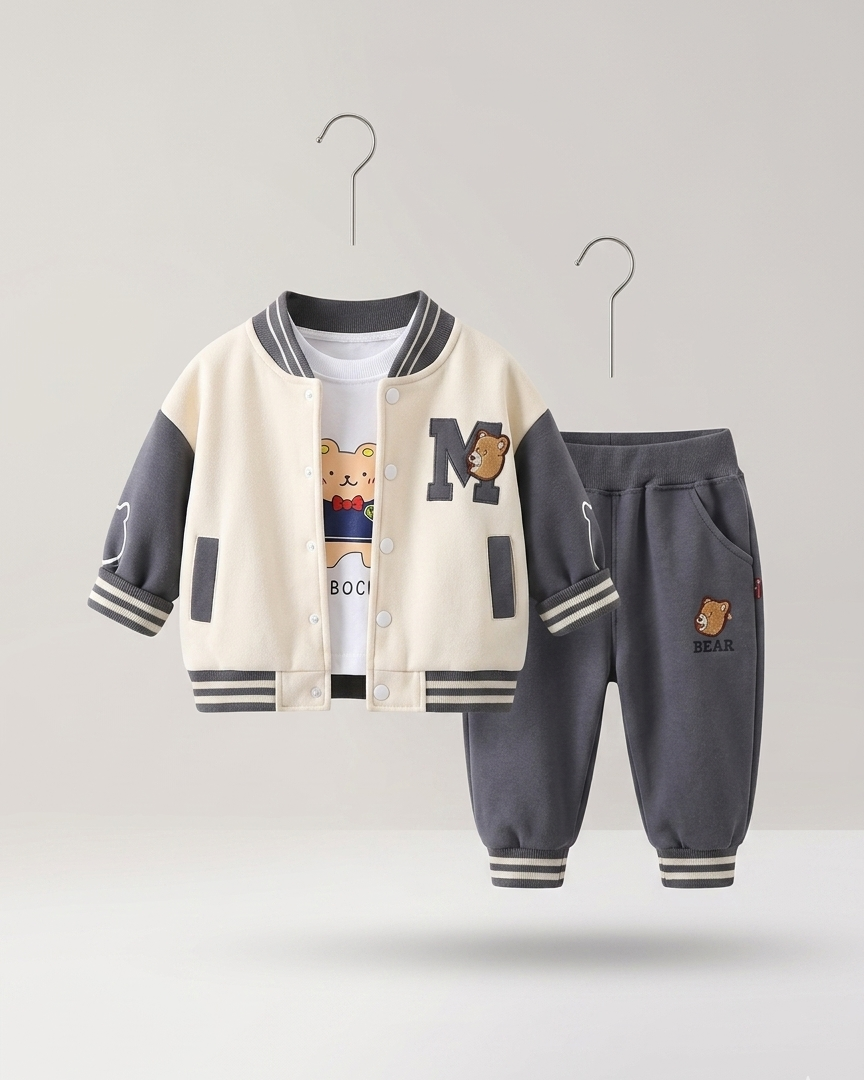 Conjunto niño invierno 3 piezas con chaqueta varsity, camiseta interior y pantalón largo,ropa infantil invierno en España