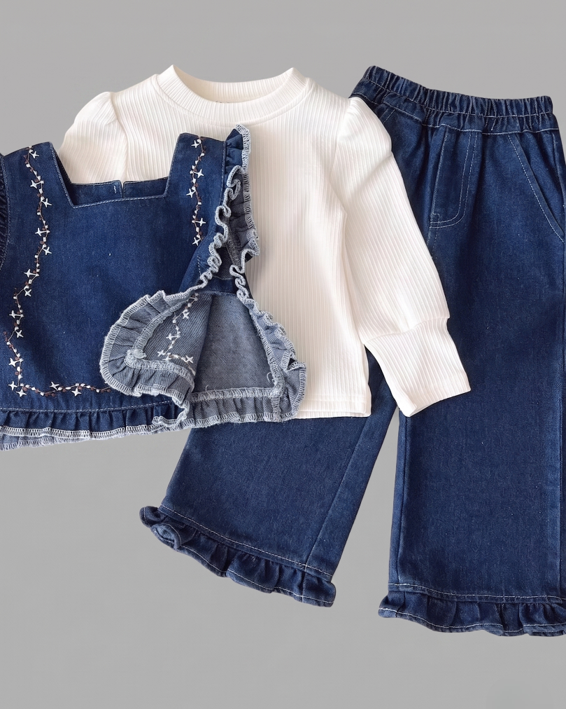 Conjunto niña 3 piezas ropa niña: blusa, chaleco vaquero de mezclilla y pantalón cómodo,Ideal para clima otoñal  en España