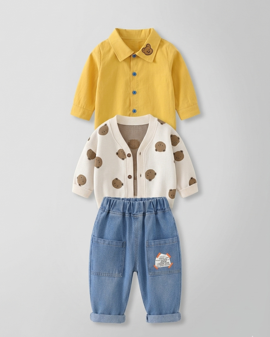 Conjunto bebé 3 piezas ropa bebé con cárdigan de oso y pantalón vaquero , Ideal para primavera y para clima otoñal en España