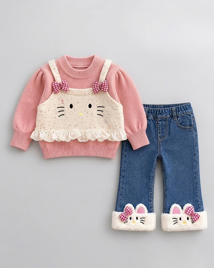 Conjunto niña 2 piezas ropa niña suéter de lana y pantalón vaquero con forro de felpa en España