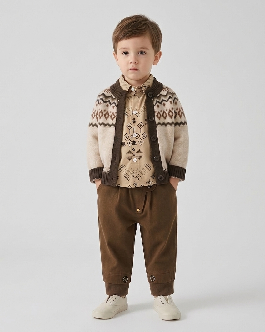 Conjunto niño 3 piezas invierno (suéter lana, camisa cuadros y pantalón elástico)Ideal para clima otoñal  en España