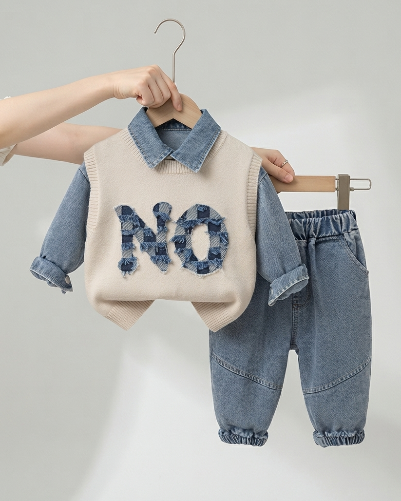 Conjunto Infantil de 3 Piezas para Niño  Camisa Denim, Chaleco de Punto y Pantalón Vaquero