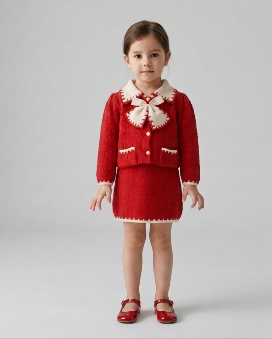Conjunto niña invierno punto 2 piezas suéter y falda roja elegante ropa infantil,Ideal para clima otoñal en España