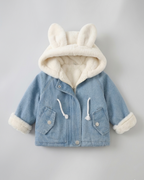 Chaqueta vaquera niña invierno con forro cálido y capucha de peluche con orejitas, Ideal para clima otoñal  en España