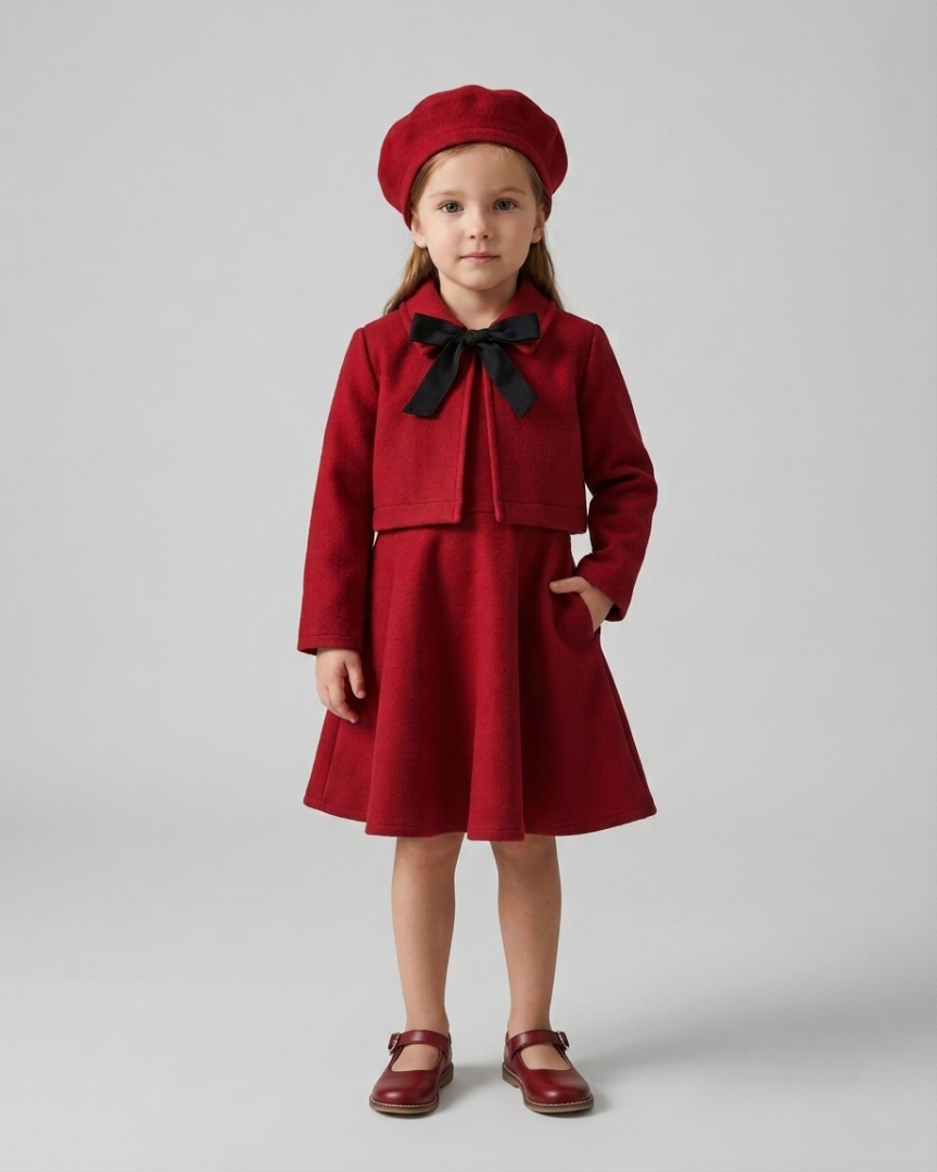 Conjunto niña 3 piezas ropa niña elegante vestido chaqueta y gorro rojo burdeos,Ideal para primavera  en España