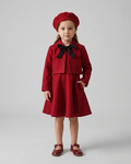 Conjunto niña 3 piezas ropa niña elegante vestido chaqueta y gorro rojo burdeos,Ideal para primavera  en España