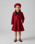 Conjunto niña 3 piezas ropa niña elegante vestido chaqueta y gorro rojo burdeos,Ideal para primavera  en España
