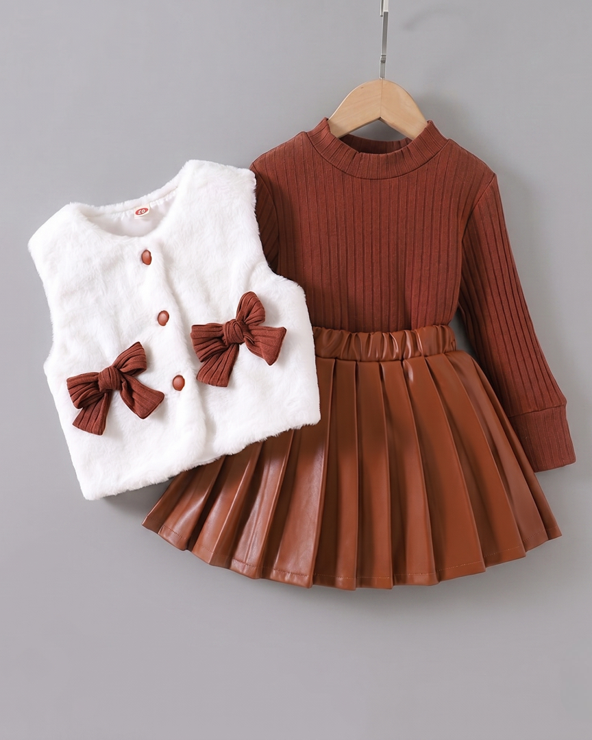 Conjunto niña invierno 3 piezas: suéter de punto, chaleco de peluche y falda de cuero sintético  en España
