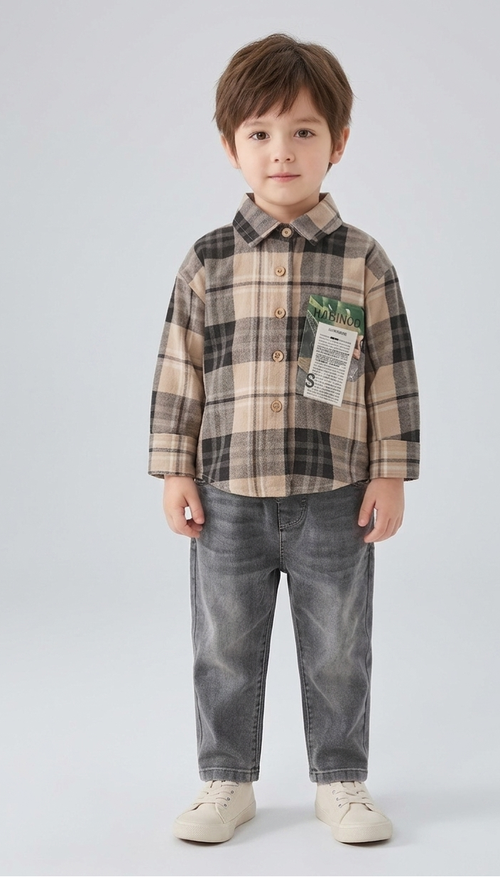 Conjunto niño cuadros elegante de dos piezas con camisa de cuadros y pantalón denim  niño cuadros en España