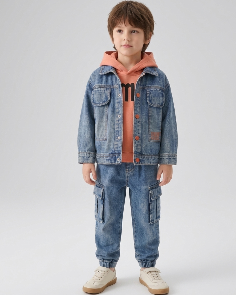 Conjunto vaquero niño 3 piezas ropa bebé niño: chaqueta vaquera, pantalón cargo y camiseta interior Ideal para clima otoñal en España