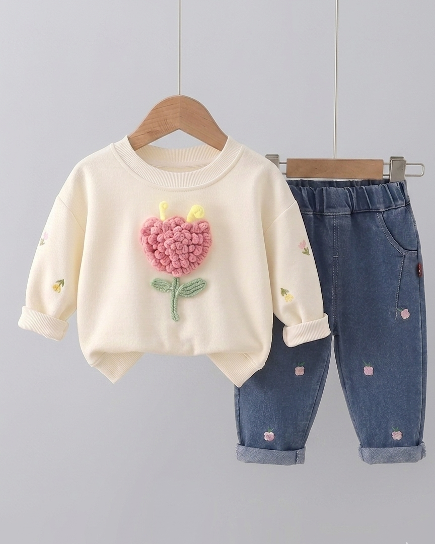 Conjunto niña 2 piezas con bordado de flores 3D otoño invierno,destacada para looks elegantes y sencillos en España