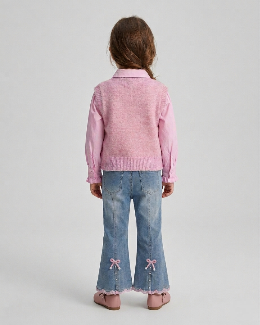 Conjunto niña 3 piezas: camisa rosa, suéter de punto suave y pantalón vaquero con encaje en España