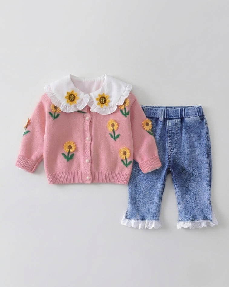 Conjunto niña 2 piezas: blusa tejida con cuello decorado y pantalón vaquero elegante en España