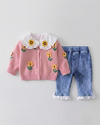 Conjunto niña 2 piezas: blusa tejida con cuello decorado y pantalón vaquero elegante en España