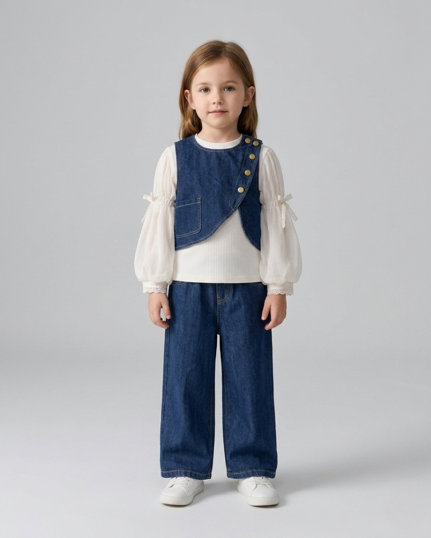 Conjunto niña 3 piezas denim vaquero (blusa, chaleco y pantalón) ,destacada para looks elegantes y sencillosen España