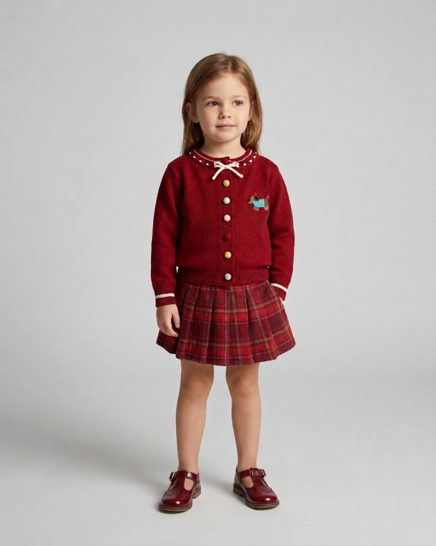Vestido niña invierno de punto con lazo en el cuello y mangas largas estilo clásico,Ideal para primavera en España