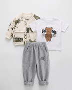 Conjunto bebé y niño 3 piezas ropa bebé: chaqueta estampada, camiseta con oso y pantalón gris cómodo en España