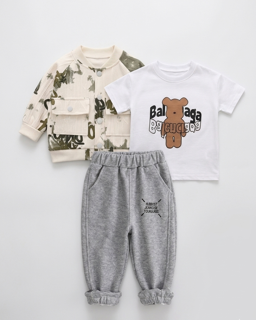 Conjunto bebé y niño 3 piezas ropa bebé: chaqueta estampada, camiseta con oso y pantalón gris cómodo en España