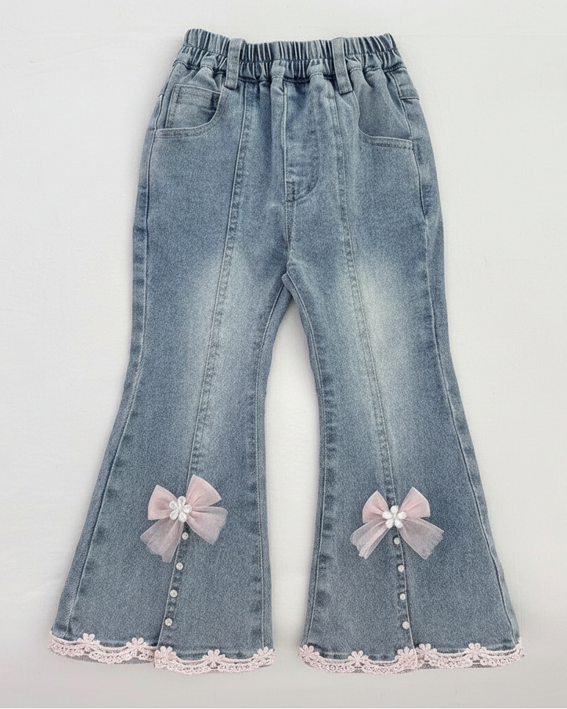 Conjunto niña 3 piezas ropa infantil blusa mangas abullonadas chaleco perlas y pantalón vaquero,Ideal para primavera y para clima otoñal en España