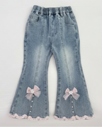 Conjunto niña 3 piezas ropa infantil blusa mangas abullonadas chaleco perlas y pantalón vaquero,Ideal para primavera y para clima otoñal en España