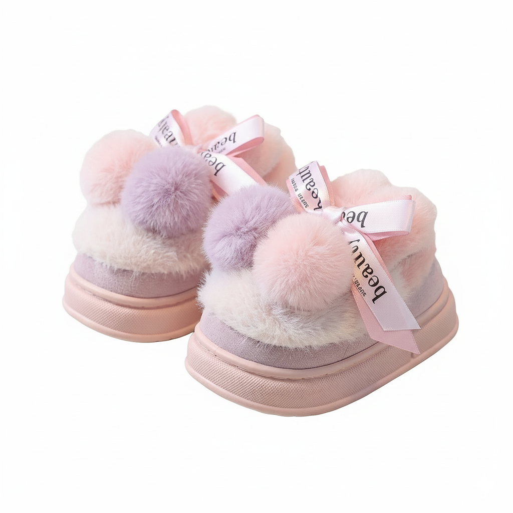 Pantuflas de invierno cálidas para niños con peluche suave y bolas de colores en España