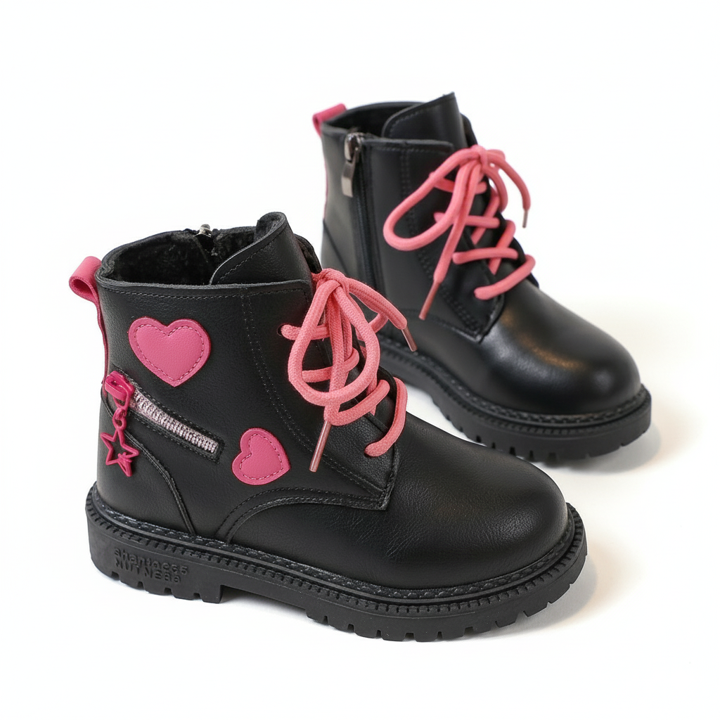 vista lateral botas de invierno para niña con diseño de corazones