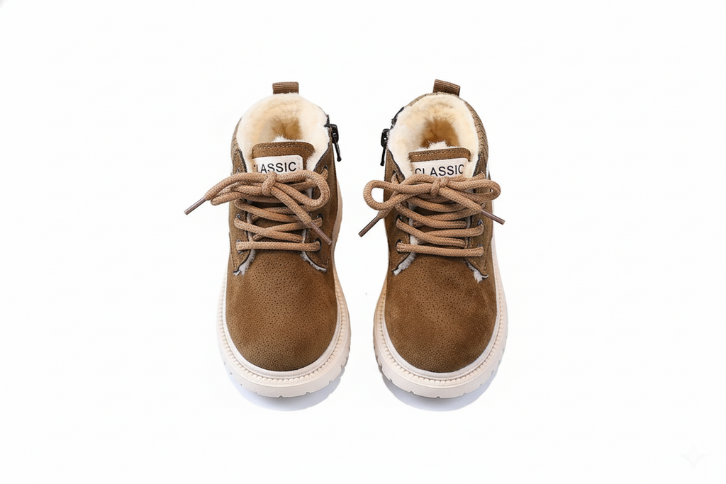 detalle zapatos de invierno cálidos para niños
