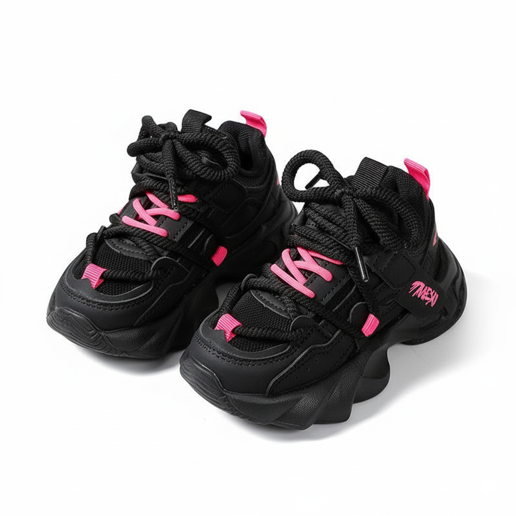 Zapatillas deportivas negras con detalles rosas, modernas para niñas en España