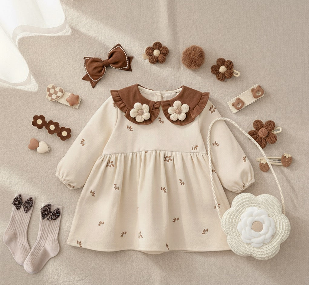 Vestido para niñas decorado con flores, con bolso a juego, calcetas y accesorios para el cabello