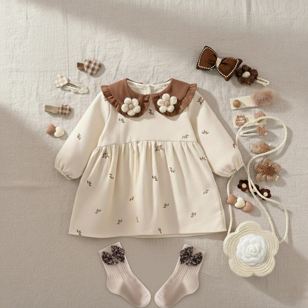 Vestido para niñas decorado con flores, con bolso a juego, calcetas y accesorios para el cabello