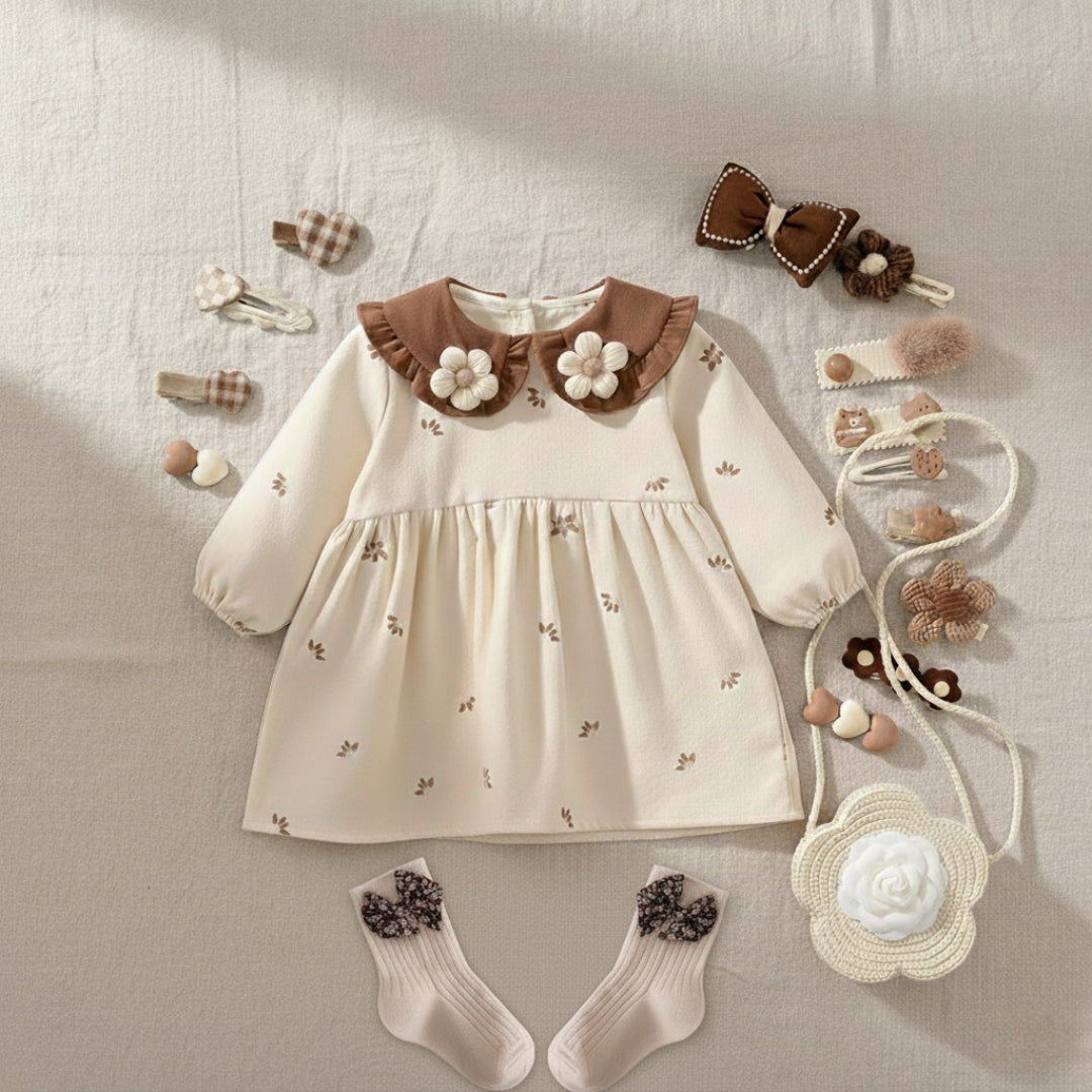 Vestido para niñas decorado con flores, con bolso a juego, calcetas y accesorios para el cabello