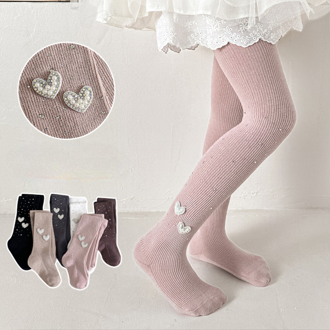 Pink ribbed kids tights with pearl heart embellishments, shown with color options for girls' fashion wear.