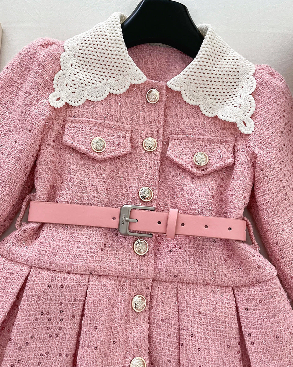 Vestido niña elegante de invierno con cinturón y cuello decorado ropa niña invierno,Ideal para clima otoñal en España