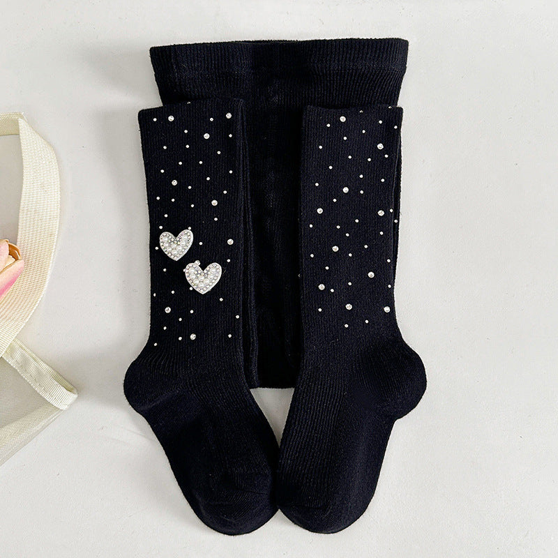 Black kids socks with rhinestone hearts and dots, soft cotton, stylish children's footwear