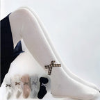 White ribbed knee-high socks with plaid bow, kids' fashion footwear in multiple colors