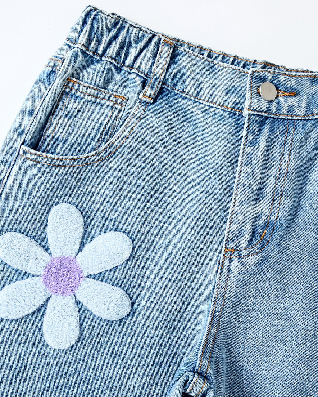 Jeans de Niña de Pierna Ancha con Flores Bordadas Cómodos,
