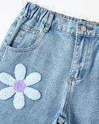 Jeans de Niña de Pierna Ancha con Flores Bordadas Cómodos,