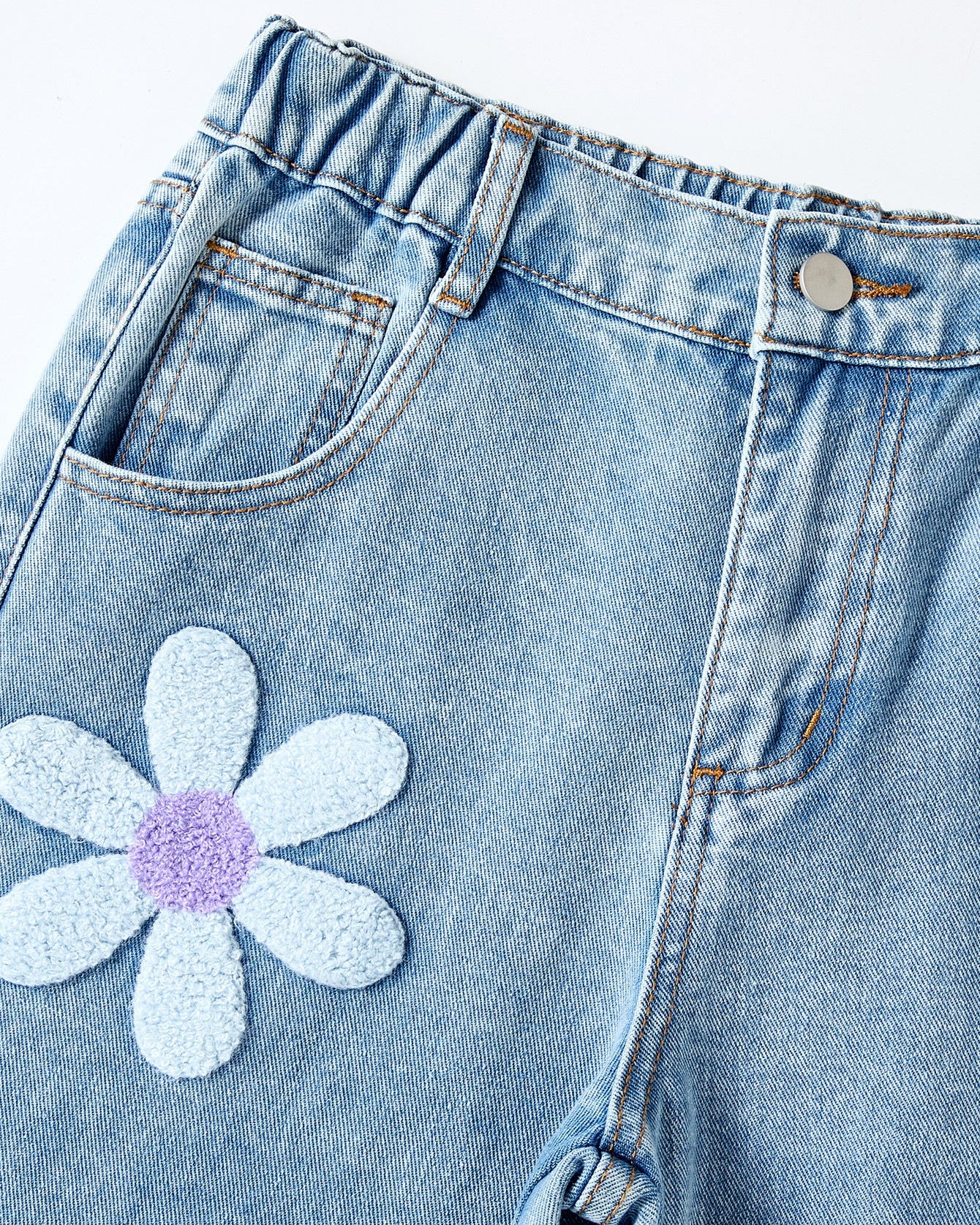 Jeans de Niña de Pierna Ancha con Flores Bordadas Cómodos,