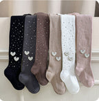 Girls' heart-embellished tights in black, gray, brown, beige, white, and pink with sparkly dots