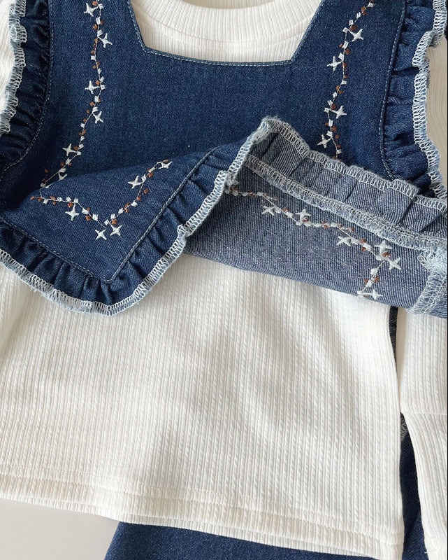 Conjunto niña 3 piezas ropa niña: blusa, chaleco vaquero de mezclilla y pantalón cómodo,Ideal para clima otoñal  en España