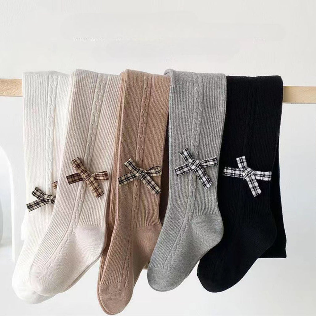 Cable knit kids socks with plaid bows in white, beige, gray, black — soft, cozy children's legwear