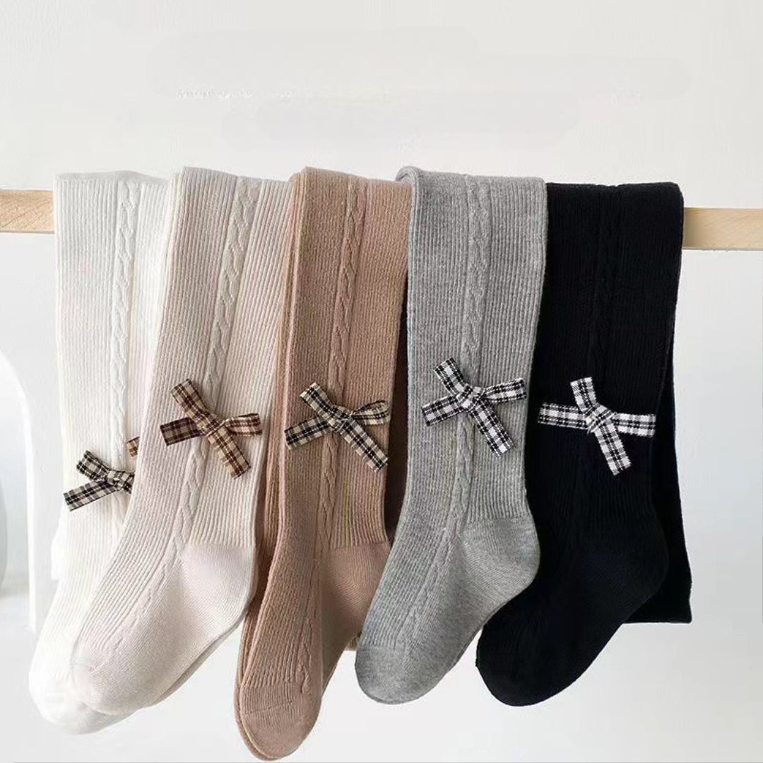Cable knit kids socks with plaid bows in white, beige, gray, black — soft, cozy children's legwear